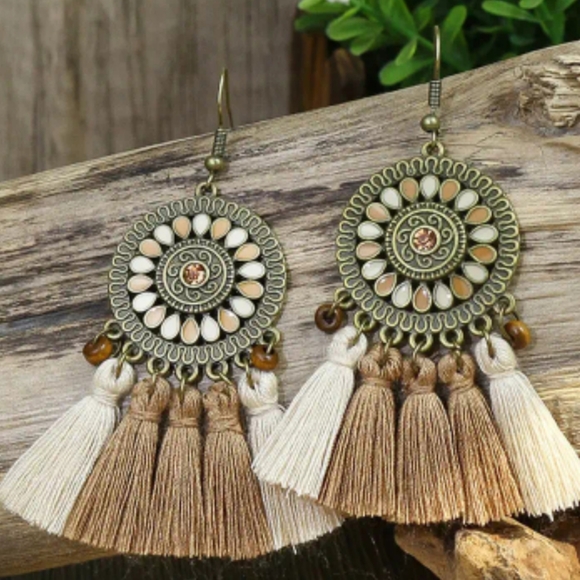 Necklace and Multi-Color Earrings Tassel Enamel Leather Cord Burnished Gold - Picture 2 of 3